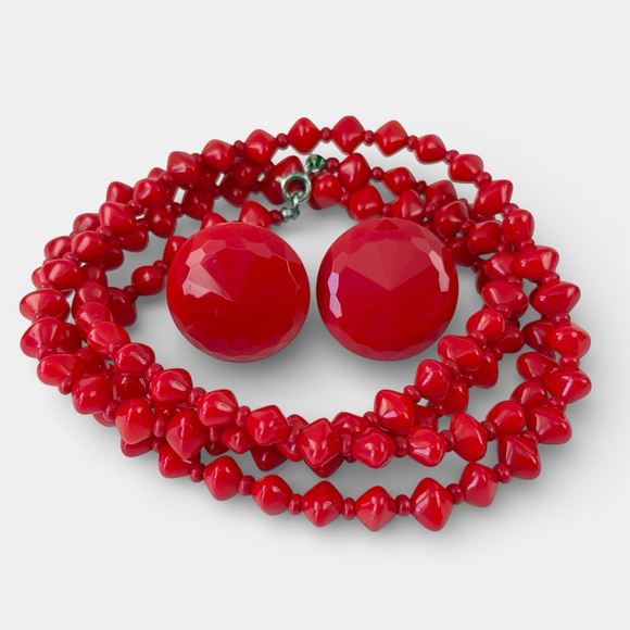 Vintage Jewelry - Vintage Czech Red Glass Necklace Set Bohemian Art Deco Flapper Style Jewelry